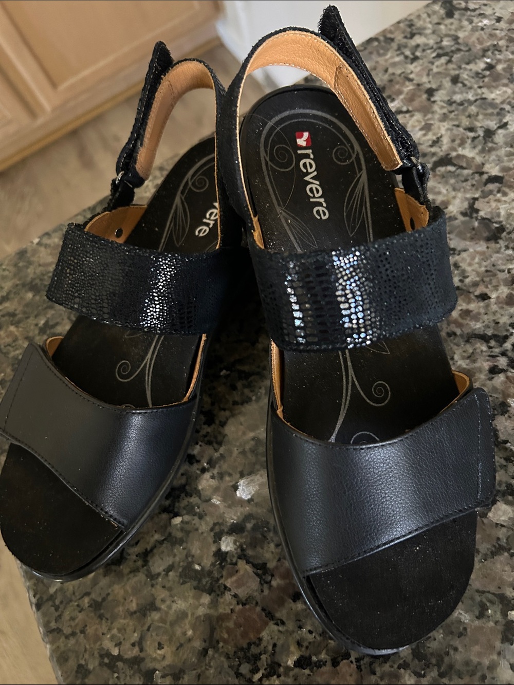Reverse Women's Black Sequin Lizard Strap Sandals with Cushioned Footbed